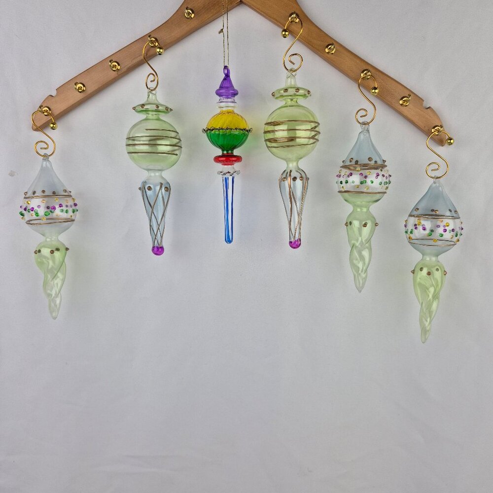 Vintage Handblown Glass Painted Finial Ornaments  Lot of 6